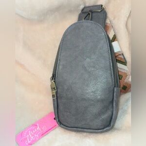Southern Fried Chics Gray Leather Sling Crossbody Bag Geometric Guitar Strap NWT
